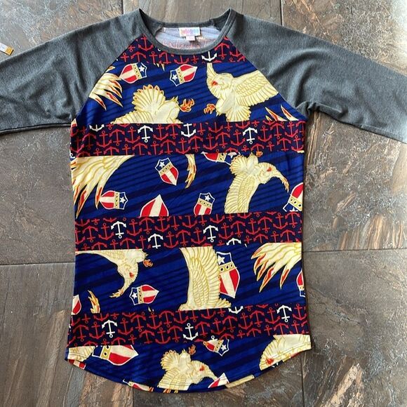 LuLaRoe Unisex S Red/Blue/Gray ‘Eagle and Crest’ Patriotic Randy Raglan Size XS - Picture 1 of 11